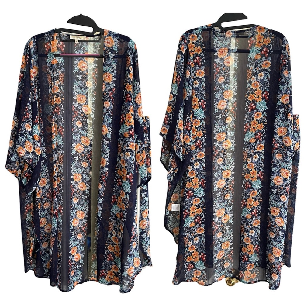 Andree Navy Floral Kimono Sheer Duster Cardigan Size Large